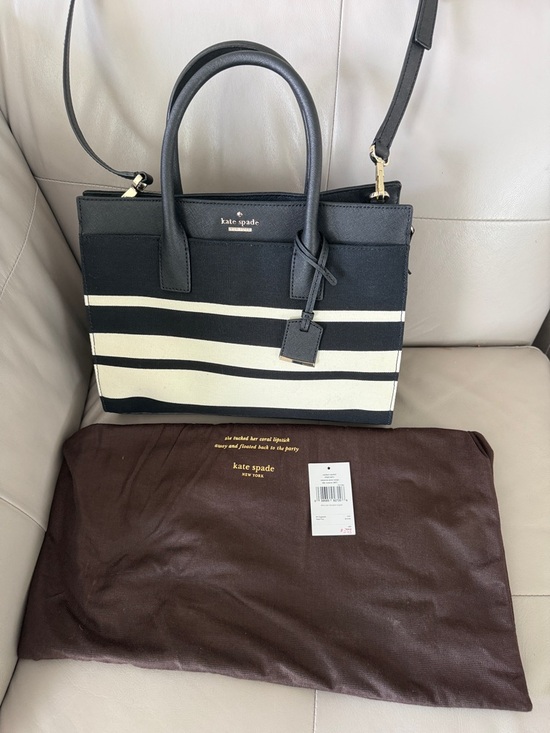 kate spade Handbags - kate spade Black and Cement Striped Candace Satchel (Cameron Street- NWT/ cover)